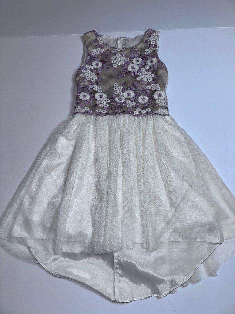 Rare Editions Ivory Floral Embroidered Tulle High Low Dress Girls Size 10 #602